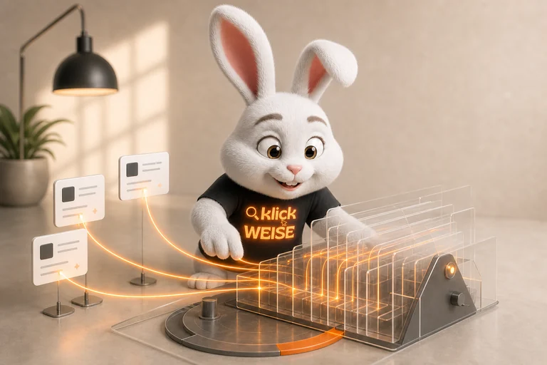 Klickweise-Maskottchen visualisiert KI-Zitations-Index in einer eigenständigen Mess- und Analyseszene.